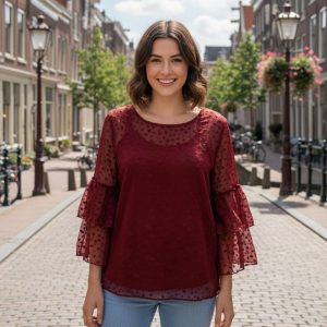 Ruffle Sleeve Small Heart Embroidered Blouse Top