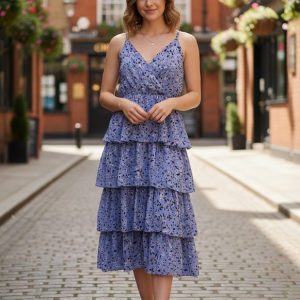 Floral Ruffle Wrap Front Summer Midi Dress