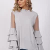 Round Neck Mesh Ruffle Sleeve Blouse Top