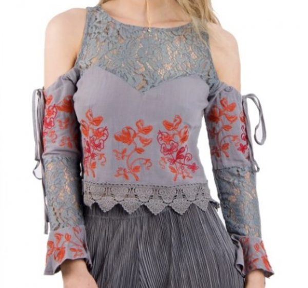Floral Embroidered Cold Shoulder Top With Crochet Lace Hem