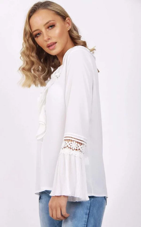 V Neckline Blouson Ruffle Lace Applique Sleeve Blouse Top