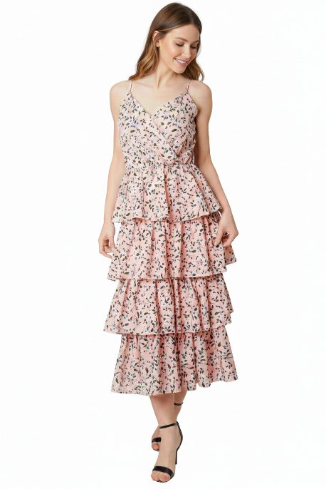 Floral Ruffle Wrap Front Summer Midi Dress