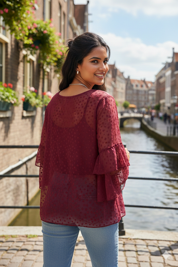 Ruffle Sleeve Small Heart Embroidered Blouse Top