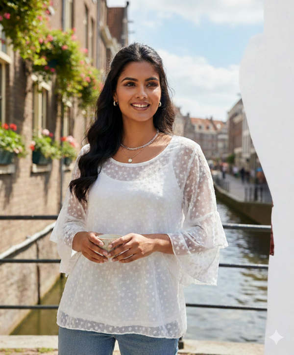 Ruffle Sleeve Small Heart Embroidered Blouse Top