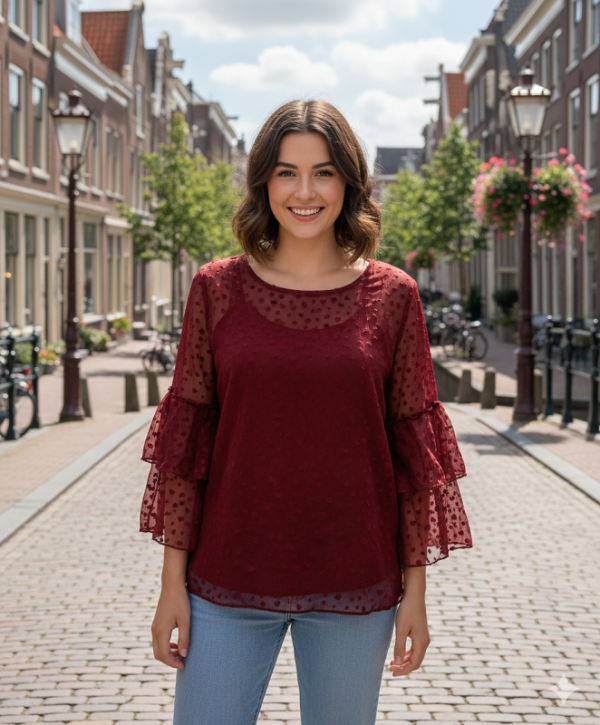 Ruffle Sleeve Small Heart Embroidered Blouse Top