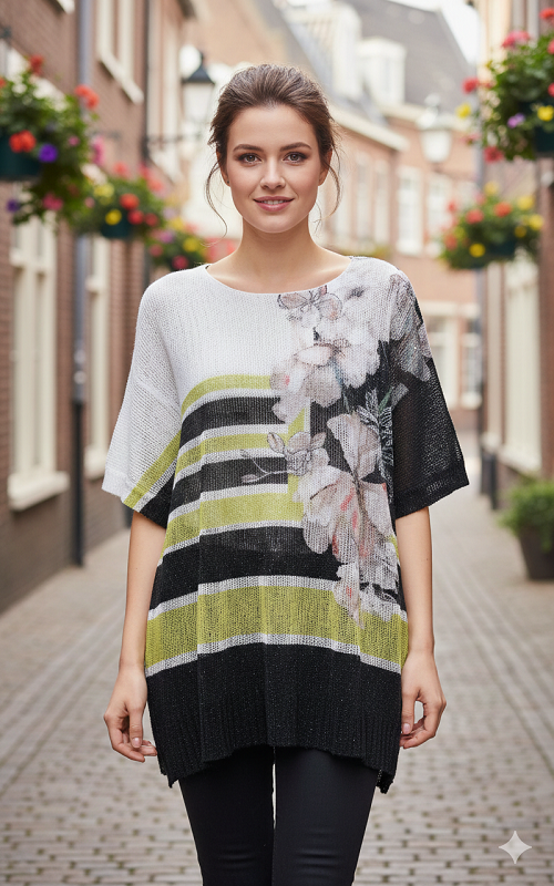 Floral Mesh knit Tee top Lined one Size