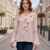 V Neckline Blouson Ruffle Lace Applique Sleeve Blouse Top
