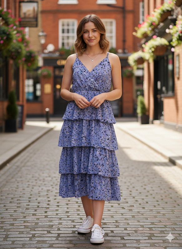 Floral Ruffle Wrap Front Summer Midi Dress