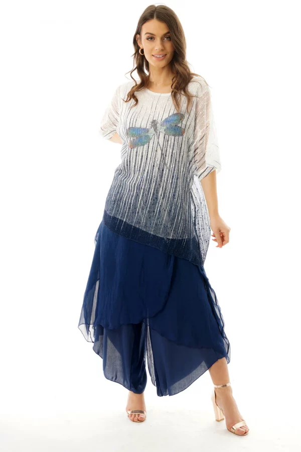 Dragonfly Print Fine Knit Crochet Top with jersey stretch lining