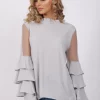 Round Neck Mesh Ruffle Sleeve Blouse Top