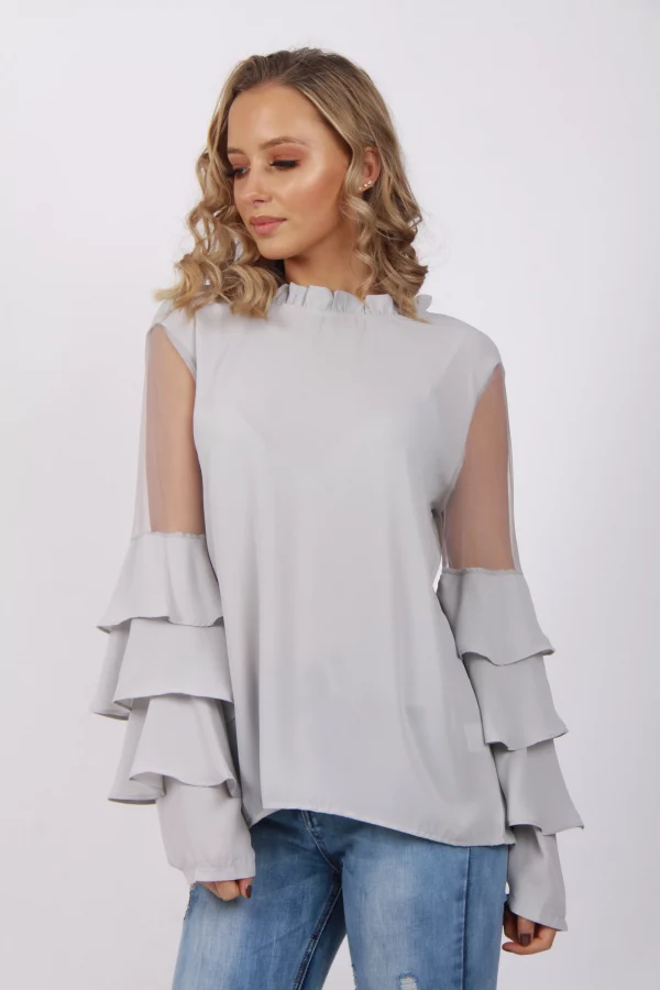Round Neck Mesh Ruffle Sleeve Blouse Top