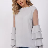 Round Neck Mesh Ruffle Sleeve Blouse Top