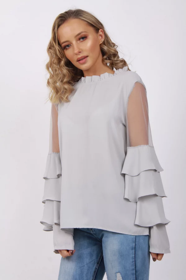 Round Neck Mesh Ruffle Sleeve Blouse Top