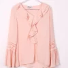 V Neckline Blouson Ruffle Lace Applique Sleeve Blouse Top