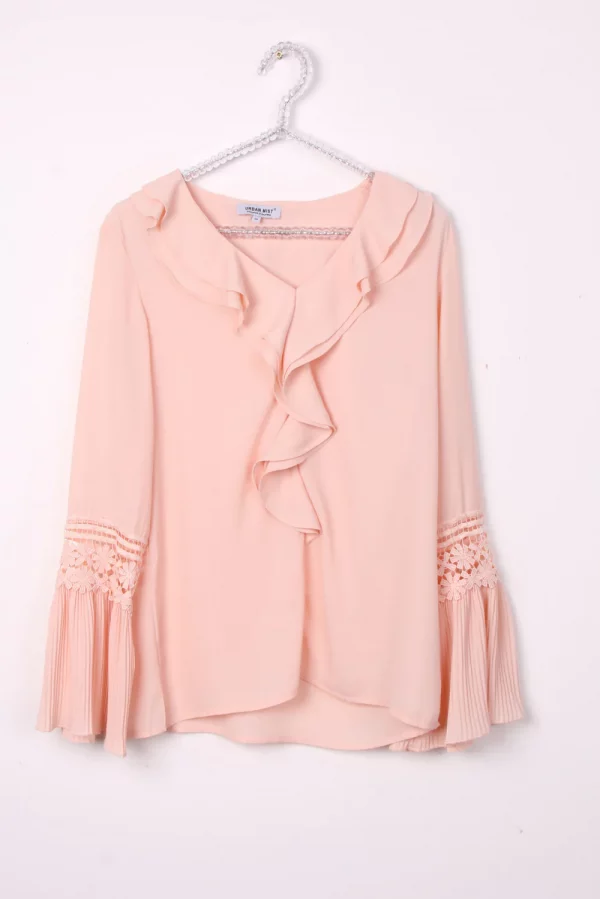 V Neckline Blouson Ruffle Lace Applique Sleeve Blouse Top