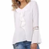 V Neckline Blouson Ruffle Lace Applique Sleeve Blouse Top