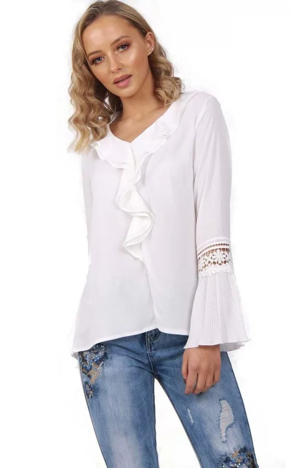 V Neckline Blouson Ruffle Lace Applique Sleeve Blouse Top