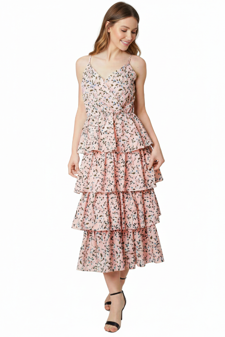 Floral Ruffle Wrap Front Summer Midi Dress