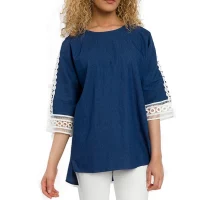 Round Neck Denim Top With Lace Crochet Sleeves