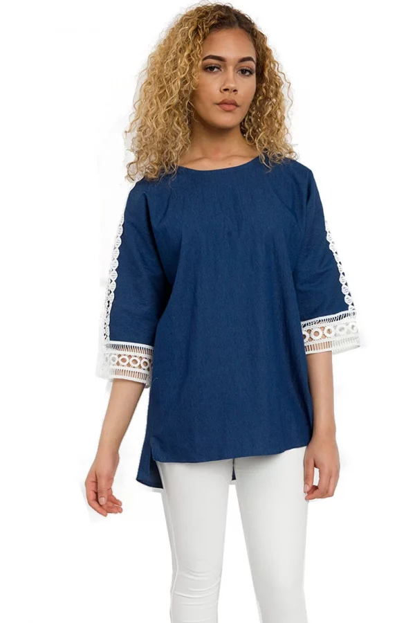 Round Neck Denim Top With Lace Crochet Sleeves