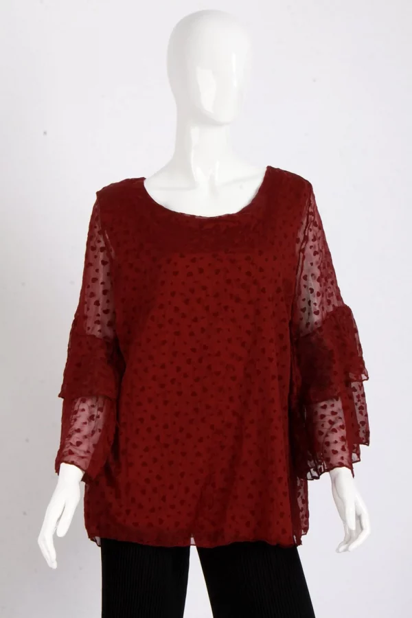 Ruffle Sleeve Small Heart Embroidered Blouse Top